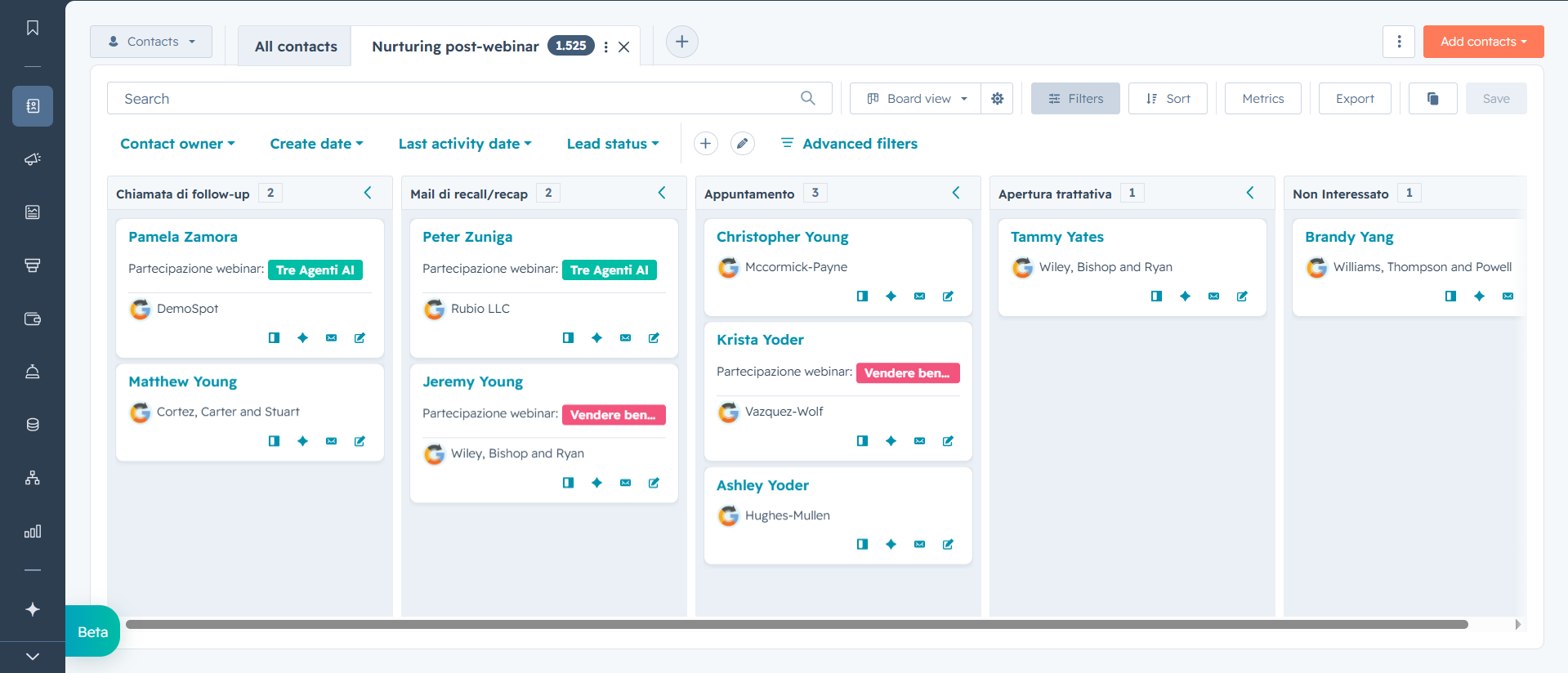 Esempio di gestione dei lead in HubSpot con workflow di nurturing e avanzamento automatico delle opportunità.