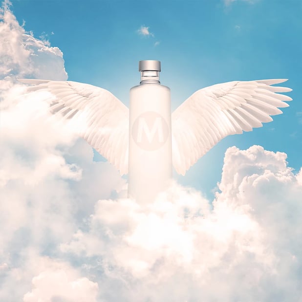 Una bottiglia di vetro vista frontalmente con due ali bianche che vola tra le nuvole