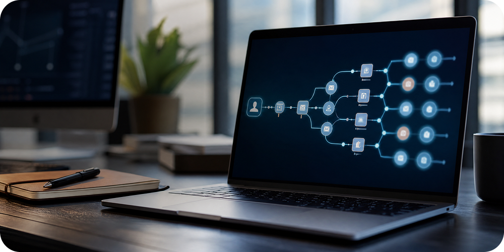 Un laptop che mostra un flusso tipico della marketing automation