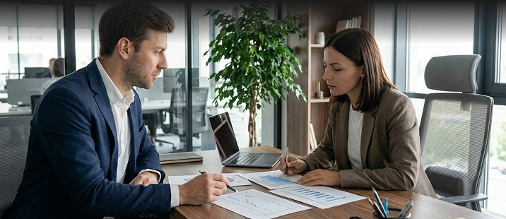 Marketing manager e sales manager che si allineano sui KPI da seguire in un ufficio moderno