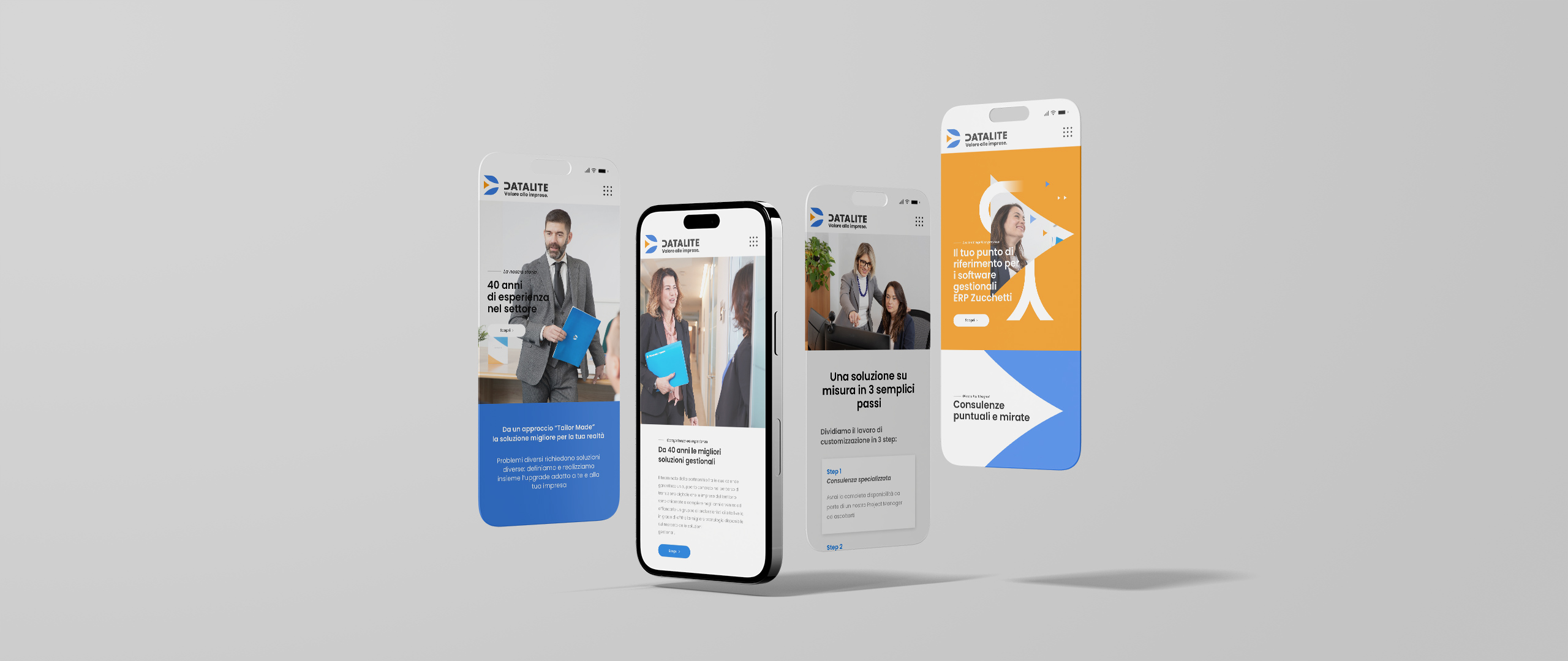Quattro smartphone che mostrano sullo schermo quattro diverse pagine del sito di Datalite.