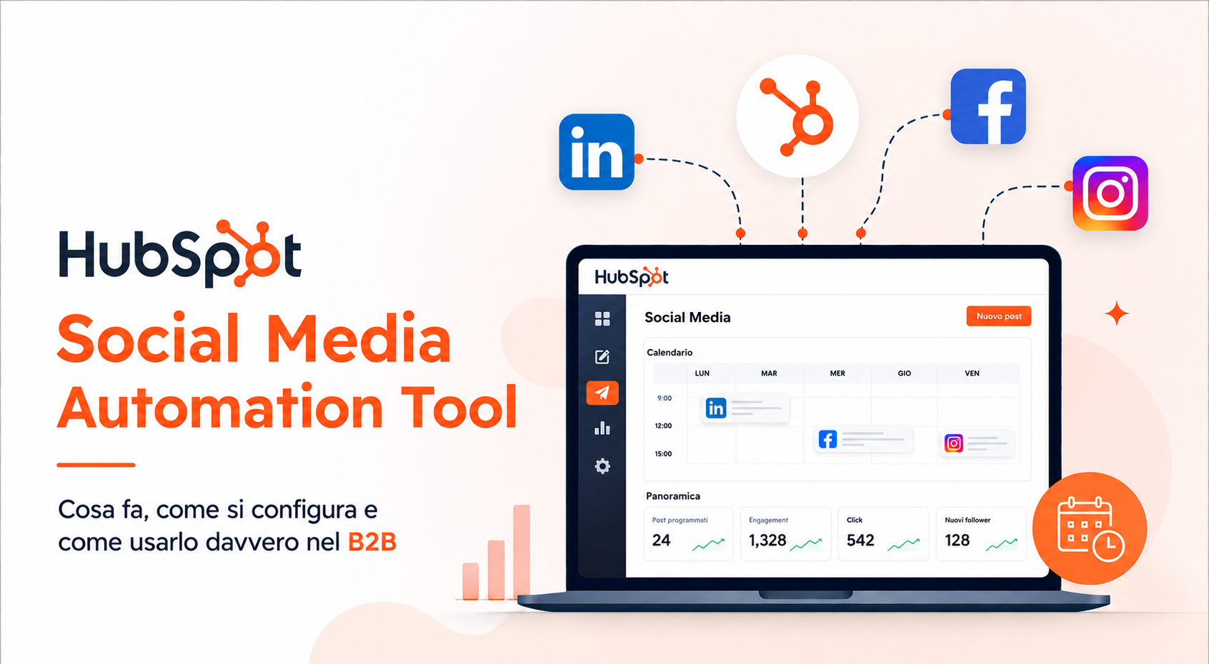 Un laptop con una schermata di HubSpot e le icone di LinkedIn, Facebook e Instagram