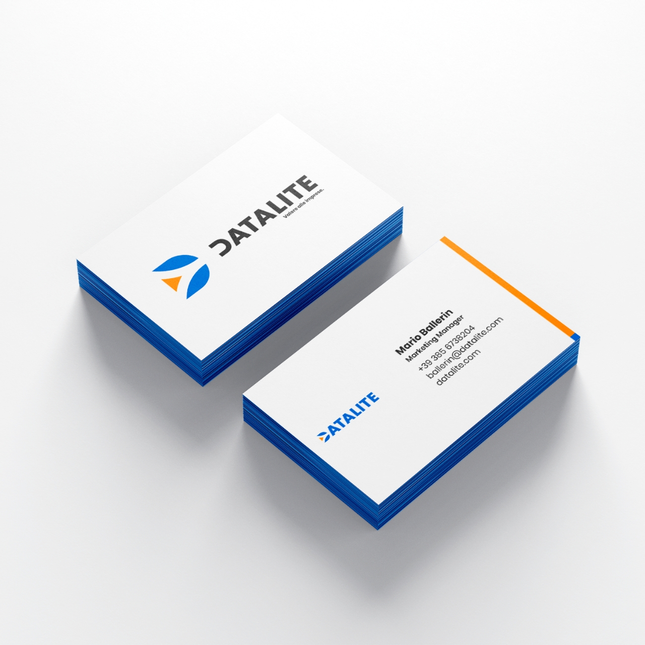 Biglietti da visita recanti il logo di Datalite e le informazioni degli impiegati.
