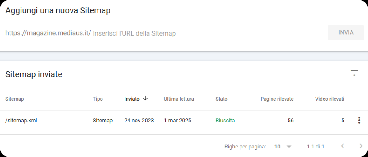 La schermata di Google Search Console che mostra la possibilità di inserire una nuova sitemap cliccando su 