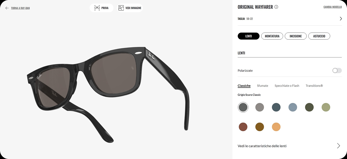 Esempio di configuratore online di un paio di occhiali da sole modello RayBan. È possibile modificare lenti, montatura, incisione e astuccio.