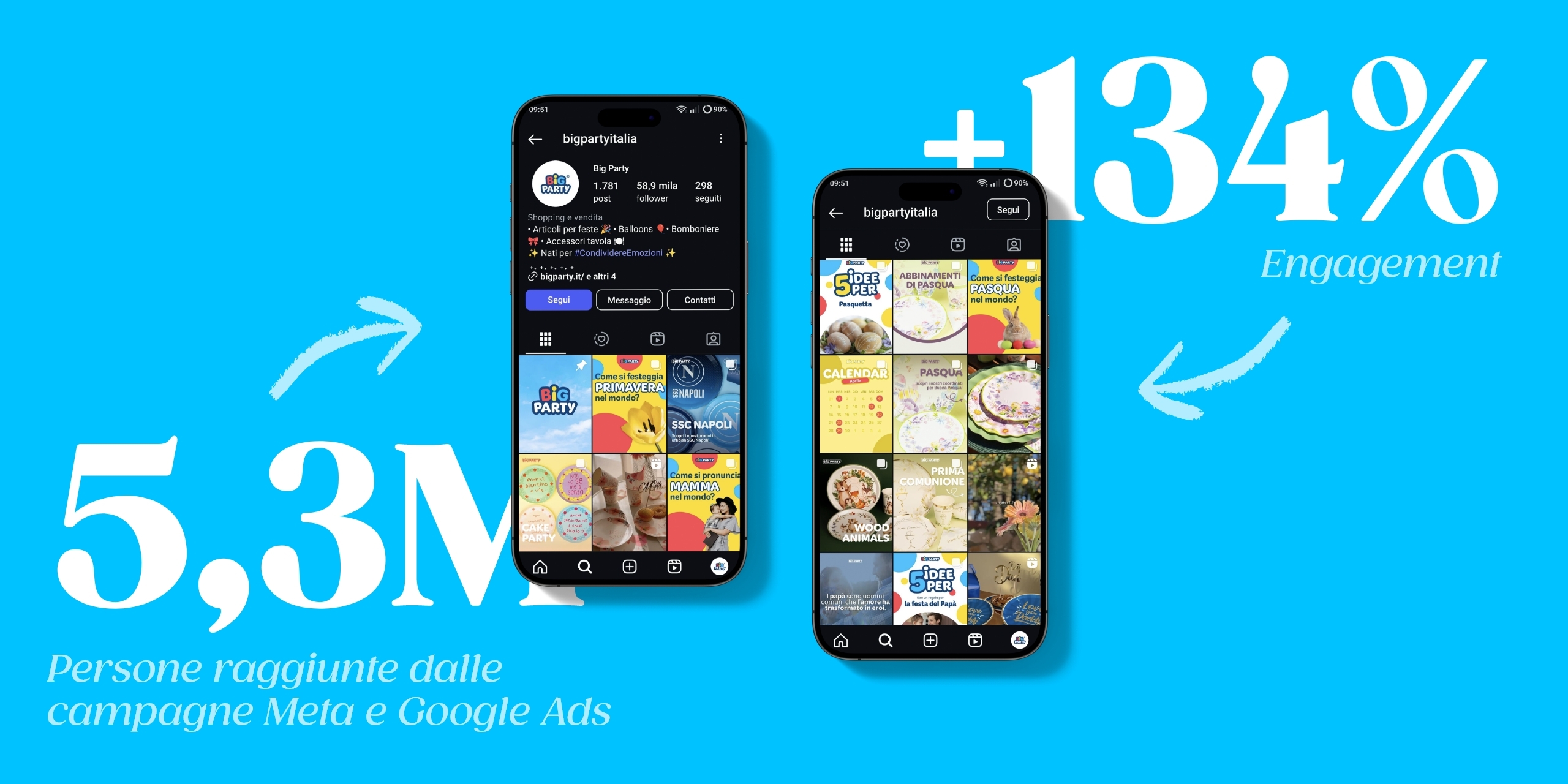 Mockup di due smatphone in cui si vede il feed Instagram di Big Party. Vicino, due scritte: 