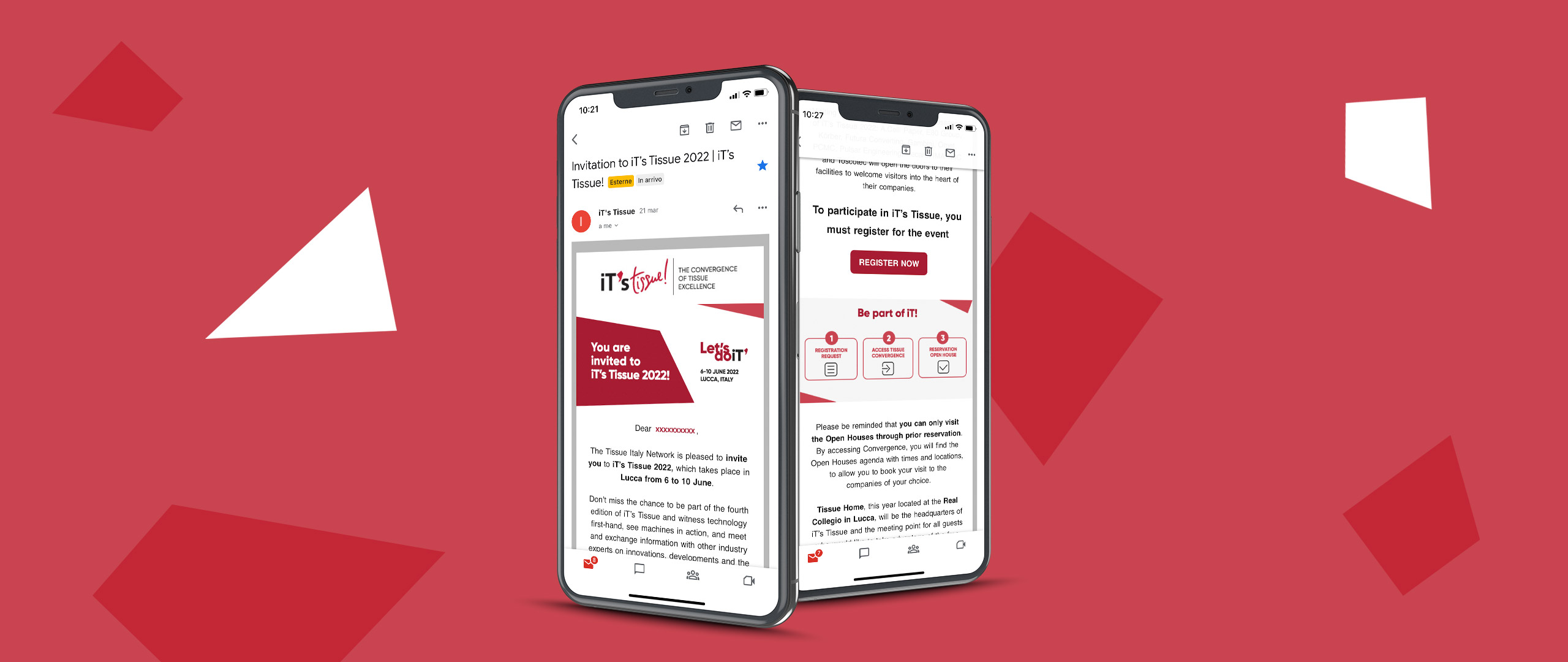 Due smartphone raffiguranti due sezioni diverse della email di invito all'evento di iT's Tissue.