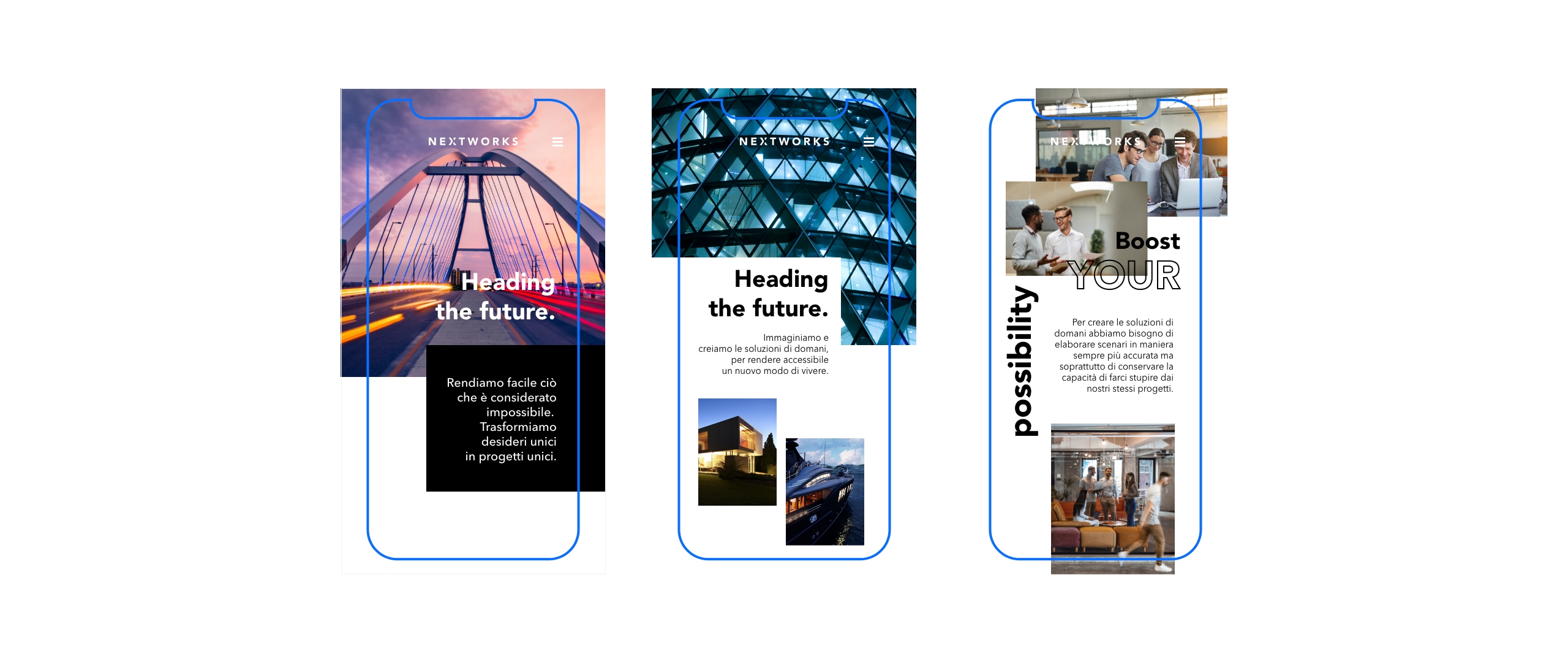 Tre prototipi di schermate mobile con tre sezioni diverse del sito web di Nextworks.